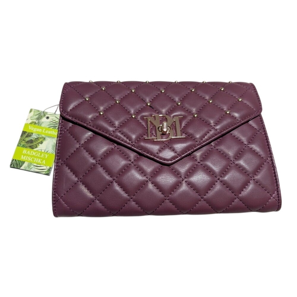 Badgley Mischka‎ Crossbody Plum Vegan Leather Quilted Studded Chain Bag NWT